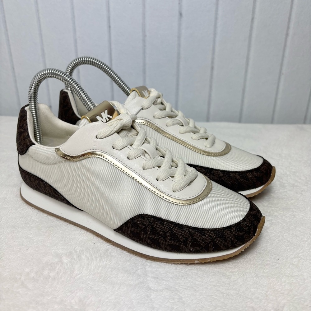 Michael Kors Cream & Brown Logo Sneakers Casual Lace-Up Shoes - Picture 2 of 10
